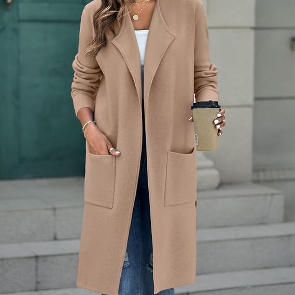 Coatigan Sweater long sleeve Cardigan Coat (Khaki)